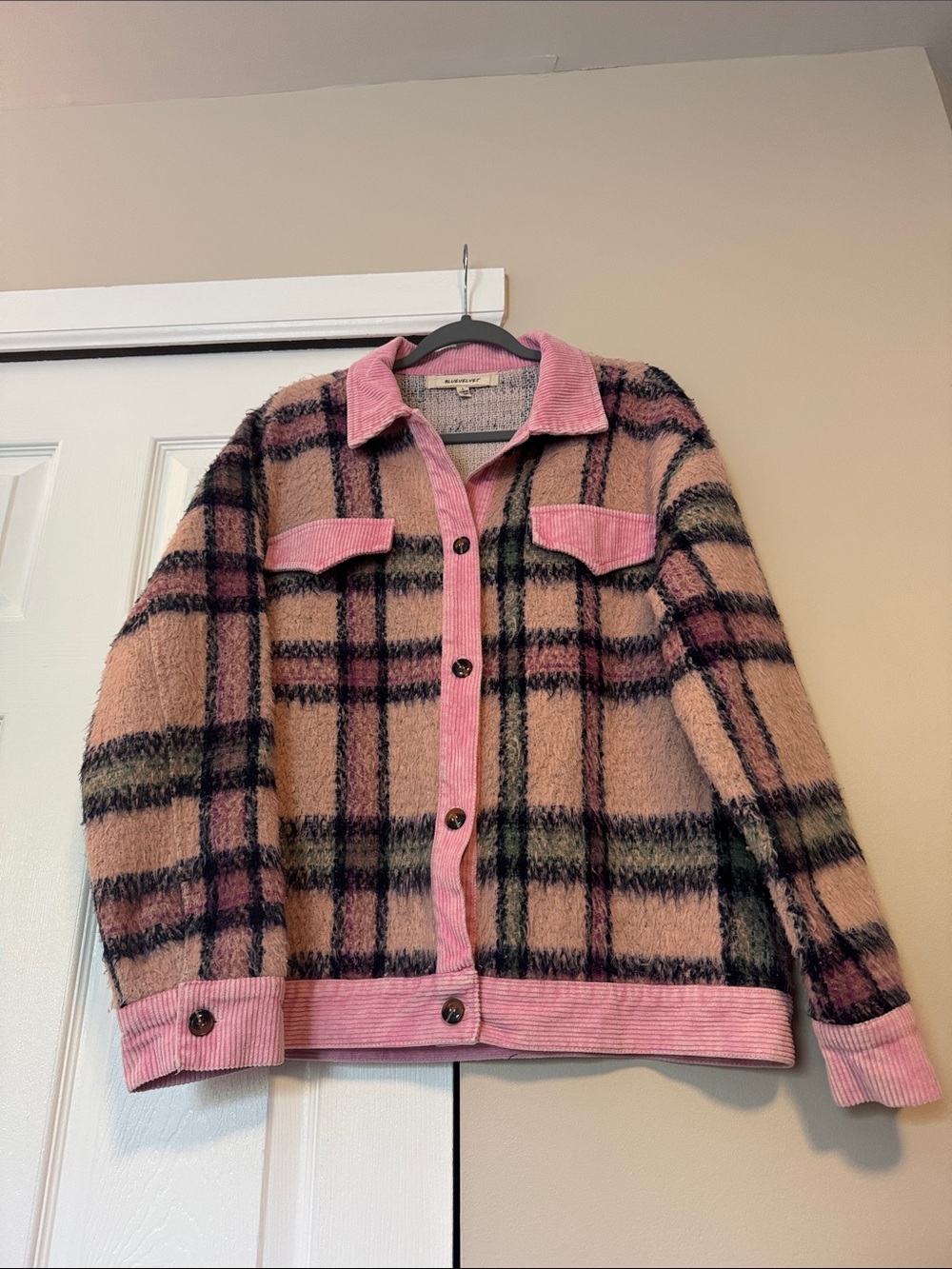 Blue Velvet Pink Plaid Teddy Shacket with Corduroy Trim